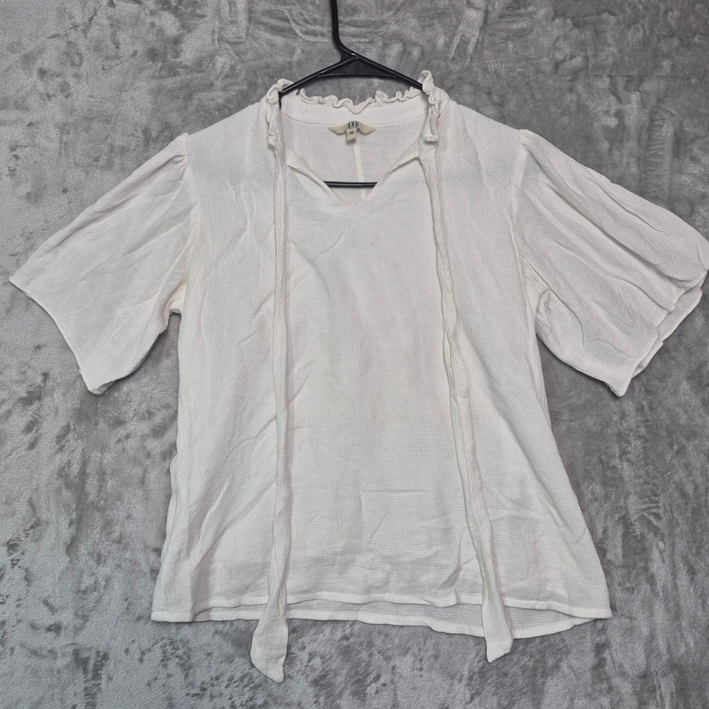 AND White Ruffle Neck Tie Front Short‎ Sleeve Textured Blouse Top Size 10